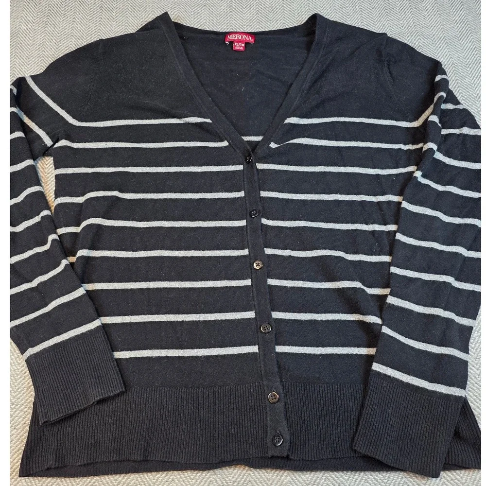 Merona Womens XL Black Gray Striped V-Neck Button Front Cotton Cardigan Sweater
